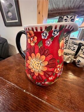 Hand-Painted Floral Ceramic Pitcher - Red - Home Art